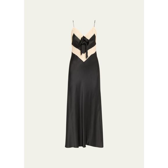 Loveshackfancy 'Serita' Black Lace-Trim V Neck Sleeveless Silk Maxi Slip Dress - Picture 1 of 5
